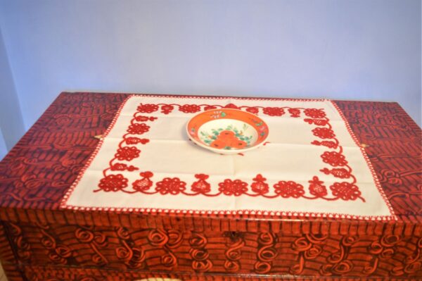 Față de masă, cusut manual cu trandafir, roșu-2148